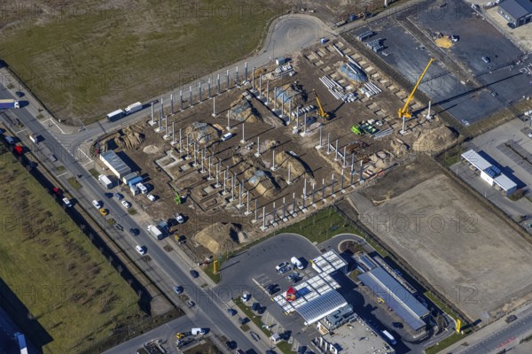 Aerial view, construction site commercial area and service location Europastraße, former blast furnace location Schalker Verein, Gelsenkirchen-Bulmke-Hüllen, Gelsenkirchen, Ruhr area, North Rhine-Westphalia, Germany, construction work, construction, construction area, building site, building plots, construction project, construction site, DE, Europe, commercial enterprises, commercial area, commercial park, commercial location, commercial use, industrial area, industrial building, industrial location, logistics, logistics service, logistics service provider, logistics provider, logistics centre, aerial view, aerial photography, aerial photography, new building, overview, bird's-eye view, overview