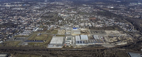 Aerial view, construction site commercial area and service location Europastrasse, bilstein-group, ProReServ - Professional Retail Service, former blast furnace location Schalker Verein, Gelsenkirchen-Bulmke-Hüllen, Gelsenkirchen, Ruhr area, North Rhine-Westphalia, Germany, construction work, construction, construction area, construction site, construction site, construction measure, construction project, construction site, DE, Europe, commercial enterprises, commercial area, commercial park, commercial location, commercial use, industrial area, industrial building, industrial location, logistics, logistics service, logistics service provider, logistics provider, logistics centre, aerial view, aerial photography, aerial photography, new building, overview, bird's-eye view, overview