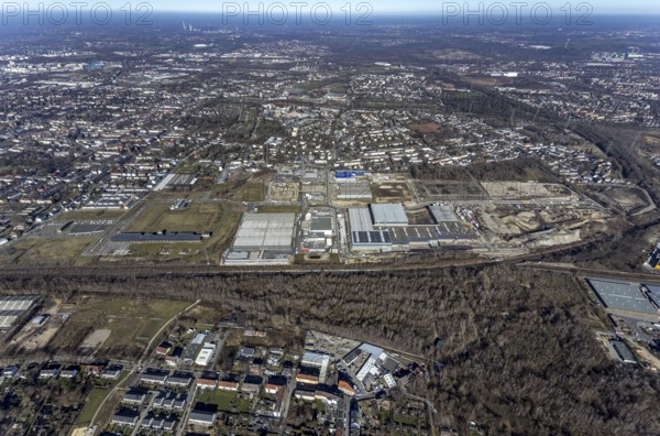 Aerial view, construction site commercial area and service location Europastrasse, bilstein-group, ProReServ - Professional Retail Service, former blast furnace location Schalker Verein, Gelsenkirchen-Bulmke-Hüllen, Gelsenkirchen, Ruhr area, North Rhine-Westphalia, Germany, construction work, construction, construction area, construction site, construction site, construction measure, construction project, construction site, DE, Europe, commercial enterprises, commercial area, commercial park, commercial location, commercial use, industrial area, industrial building, industrial location, logistics, logistics service, logistics service provider, logistics provider, logistics centre, aerial view, aerial photography, aerial photography, new building, overview, bird's-eye view, overview