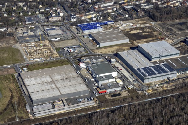 Aerial view, construction site commercial area and service location Europastrasse, bilstein-group, ProReServ - Professional Retail Service, former blast furnace location Schalker Verein, Gelsenkirchen-Bulmke-Hüllen, Gelsenkirchen, Ruhr area, North Rhine-Westphalia, Germany, construction work, construction, construction area, construction site, construction site, construction measure, construction project, construction site, DE, Europe, commercial enterprises, commercial area, commercial park, commercial location, commercial use, industrial area, industrial building, industrial location, logistics, logistics service, logistics service provider, logistics provider, logistics centre, aerial view, aerial photography, aerial photography, new building, overview, bird's-eye view, overview