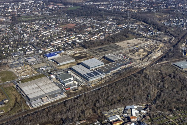 Aerial view, construction site commercial area and service location Europastrasse, bilstein-group, ProReServ - Professional Retail Service, former blast furnace location Schalker Verein, Gelsenkirchen-Bulmke-Hüllen, Gelsenkirchen, Ruhr area, North Rhine-Westphalia, Germany, construction work, construction, construction area, construction site, construction site, construction measure, construction project, construction site, DE, Europe, commercial enterprises, commercial area, commercial park, commercial location, commercial use, industrial area, industrial building, industrial location, logistics, logistics service, logistics service provider, logistics provider, logistics centre, aerial view, aerial photography, aerial photography, new building, overview, bird's-eye view, overview
