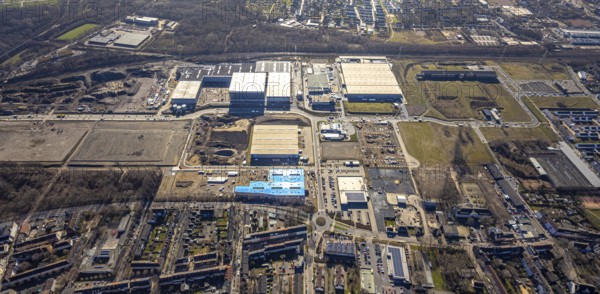 Aerial view, construction site commercial area and service location Europastrasse, bilstein-group, ProReServ - Professional Retail Service, former blast furnace location Schalker Verein, Gelsenkirchen-Bulmke-Hüllen, Gelsenkirchen, Ruhr area, North Rhine-Westphalia, Germany, construction work, construction, construction area, construction site, construction site, construction measure, construction project, construction site, DE, Europe, commercial enterprises, commercial area, commercial park, commercial location, commercial use, industrial area, industrial building, industrial location, logistics, logistics service, logistics service provider, logistics provider, logistics centre, aerial view, aerial photography, aerial photography, new building, overview, bird's-eye view, overview