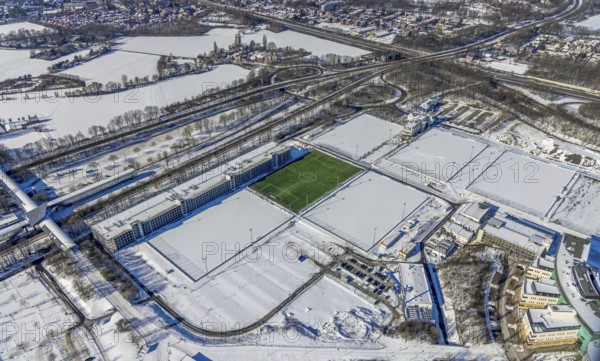 Aerial view, training ground in the snow at the Veltins-Arena, new car park Stan-Libuda-Weg, Erle, Gelsenkirchen, Ruhr area, North Rhine-Westphalia, Germany, Berger Feld, DE, Europe, FC Schalke 04, distant view, football pitch, football stadium, football club, hotel business, aerial view, aerial photography, aerial photography, snow, sports, sports facilities, sports field, sports facility, training grounds, overview, bird's eye view, winter, birds-eyes view, overview