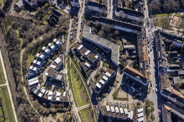 Aerial view, residential buildings Robert-Geritzmann-Höfe, Feldmark, Gelsenkirchen, Ruhr area, North Rhine-Westphalia, Germany, DE, Europe, property tax, real estate, aerial view, aerial photography, aerial photography, overview, bird's-eye view, residential complex, living and living, residential area, residential buildings, quality of living, residential neighbourhood, housing estate, birds-eyes view, overview