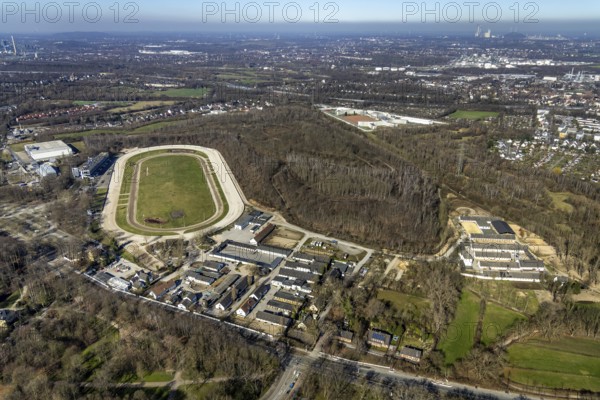 Aerial view, harness racing track, correctional facility, Feldmark, Gelsenkirchen, Ruhr area, North Rhine-Westphalia, Germany, arrest, DE, Europe, imprisonment, custodial sentence, prison, detention centre, prison sentence, JVA, aerial photograph, aerial photography, aerial photography, nature reserve, horse racing track, horse racing, equestrian sport, trotting track, overview, custody, bird's-eye view, overview