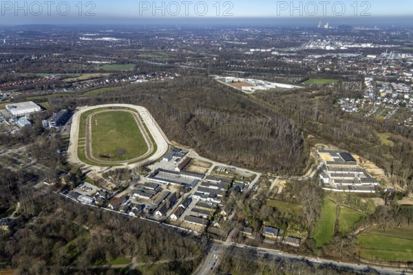 Aerial view, harness racing track, correctional facility, Feldmark, Gelsenkirchen, Ruhr area, North Rhine-Westphalia, Germany, arrest, DE, Europe, imprisonment, custodial sentence, prison, detention centre, prison sentence, JVA, aerial photograph, aerial photography, aerial photography, horse racing track, horse racing, equestrian sport, trotting track, overview, custody, bird's eye view, birds-eyes view, overview