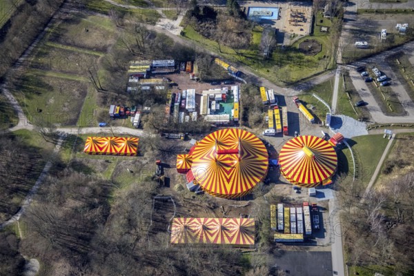 Aerial view, circus tents in Revierpark Nienhausen, Feldmarkstraße, Feldmark, Gelsenkirchen, Ruhr area, North Rhine-Westphalia, Germany, DE, Europe, leisure activities, leisure park, aerial view, aerial photography, aerial photography, park, overview, bird's eye view, circus, birds-eyes view, overview
