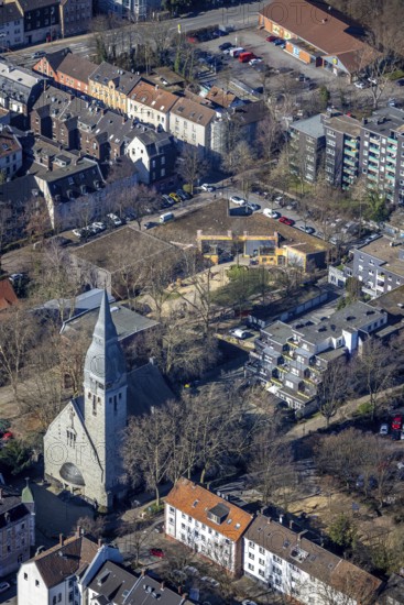 Aerial view, Church of the Resurrection, Josefstraße corner Emanuelstraße, dilapidated and closed church, kindergarten Wiehagen, Neustadt, Gelsenkirchen, Ruhr area, North Rhine-Westphalia, Germany, place of worship, DE, Europe, religious community, place of worship, holy place, kindergarten, day care centre, day care centre for children, church, church community, day care centre, denomination, aerial view, aerial photography, aerial photography, religion, religious site, overview, bird's eye view, birds-eyes view, overview