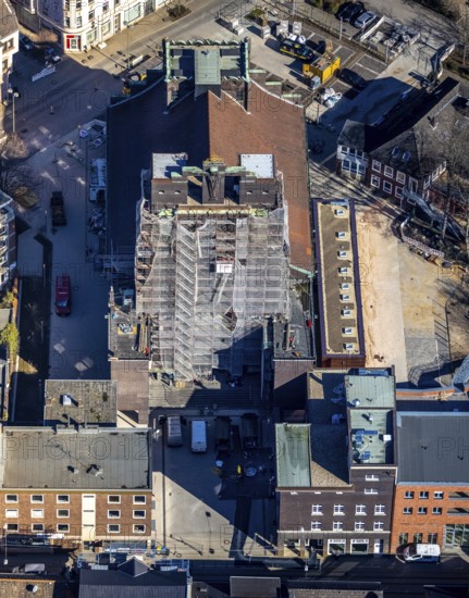 Aerial view, former cath. Heilig-Kreuz-Kirche, construction site and conversion as event location, Ückendorf, Gelsenkirchen, Ruhr area, North Rhine-Westphalia, Germany, place of worship, construction work, construction area, construction measure, construction project, construction site, DE, Europe, religious community, place of worship, holy place, church, parish, denomination, culture, art, aerial view, aerial photography, aerial photography, religion, religious site, overview, events, venue, event location, bird's-eye view, birds-eyes view, cultural use, overview