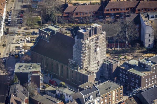 Aerial view, former cath. Heilig-Kreuz-Kirche, construction site and conversion as event location, Ückendorf, Gelsenkirchen, Ruhr area, North Rhine-Westphalia, Germany, place of worship, construction work, construction area, construction measure, construction project, construction site, DE, Europe, religious community, place of worship, holy place, church, parish, denomination, culture, art, aerial view, aerial photography, aerial photography, religion, religious site, overview, events, venue, event location, bird's-eye view, birds-eyes view, cultural use, overview