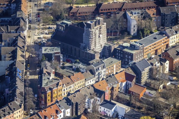 Aerial view, former cath. Heilig-Kreuz-Kirche, construction site and conversion as event location, Ückendorf, Gelsenkirchen, Ruhr area, North Rhine-Westphalia, Germany, place of worship, construction work, construction area, construction measure, construction project, construction site, DE, Europe, religious community, place of worship, holy place, church, parish, denomination, culture, art, aerial view, aerial photography, aerial photography, religion, religious site, overview, events, venue, event location, bird's-eye view, birds-eyes view, cultural use, overview
