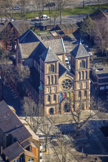 Aerial view, Catholic Church of Our Lady, Ückendorf, Gelsenkirchen, Ruhr area, North Rhine-Westphalia, Germany, place of worship, Bochumer Straße, DE, Europe, religious community, place of worship, holy place, church, parish, denomination, aerial view, aerial photography, aerial photography, religion, religious site, Stolzestraße, overview, bird's-eye view, birds-eyes view, overview