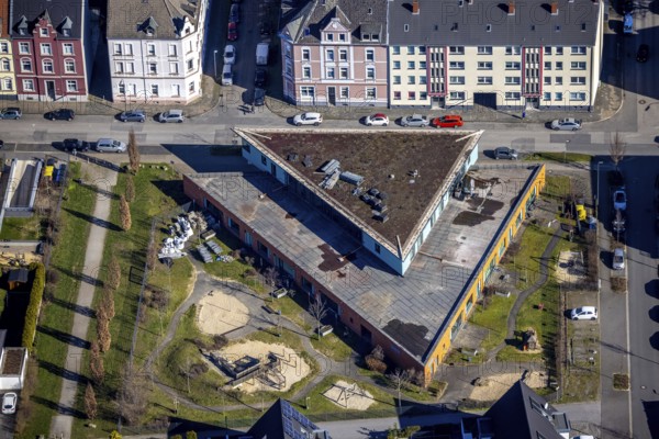 Aerial view, construction site kindergarten Rheinische Straße, Schalke, Gelsenkirchen, Ruhr area, North Rhine-Westphalia, Germany, construction work, construction area, construction site, construction project, construction site, DE, Europe, kindergarten, day-care centre, day-care centre, day-care centre, aerial photograph, aerial photography, aerial photography, overview, bird's-eye view, overview