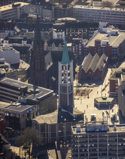 Aerial view, Propsteikirche St. Augustinus und evang. Altstadtkirche am Heinrich-König-Platz, Altstadt, Gelsenkirchen, Ruhr area, North Rhine-Westphalia, Germany, place of worship, DE, Europe, religious community, place of worship, holy site, church, church community, denomination, aerial view, aerial photography, aerial photography, religion, religious site, overview, bird's-eye view, overview