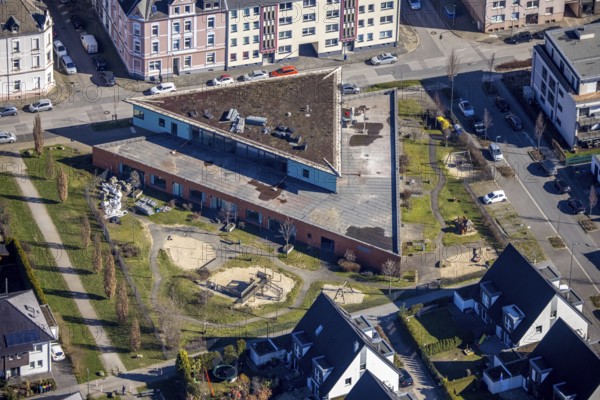 Aerial view, construction site kindergarten Rheinische Straße, Schalke, Gelsenkirchen, Ruhr area, North Rhine-Westphalia, Germany, construction work, construction area, construction site, construction project, construction site, DE, Europe, kindergarten, day-care centre, day-care centre, day-care centre, aerial photograph, aerial photography, aerial photography, overview, bird's-eye view, overview