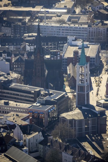 Aerial view, Propsteikirche St. Augustinus und evang. Altstadtkirche am Heinrich-König-Platz, Altstadt, Gelsenkirchen, Ruhr area, North Rhine-Westphalia, Germany, place of worship, DE, Europe, religious community, place of worship, holy site, church, church community, denomination, aerial view, aerial photography, aerial photography, religion, religious site, overview, bird's-eye view, overview