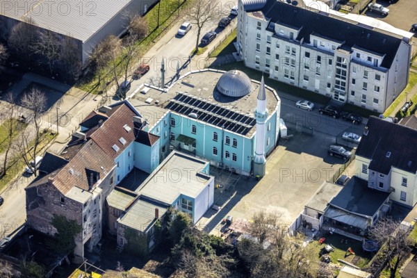 Aerial view, TuÄŸra cultural centre, mosque, Gelsenkirchen-Bulmke-Hüllen, Gelsenkirchen, Ruhr area, North Rhine-Westphalia, Germany, place of worship, DE, Europe, religious community, place of worship, holy place, church, parish, denomination, aerial view, aerial photography, aerial photography, religion, religious site, overview, bird's-eye view, overview
