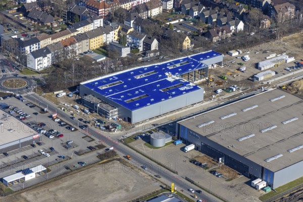 Aerial view, construction site commercial area and service location Europastraße, former blast furnace location Schalker Verein, Gelsenkirchen-Bulmke-Hüllen, Gelsenkirchen, Ruhr area, North Rhine-Westphalia, Germany, construction work, construction, construction area, building site, building plots, construction project, construction site, DE, Europe, commercial enterprises, commercial area, commercial park, commercial location, commercial use, industrial area, industrial building, industrial location, logistics, logistics service, logistics service provider, logistics provider, logistics centre, aerial view, aerial photography, aerial photography, new building, overview, bird's-eye view, overview