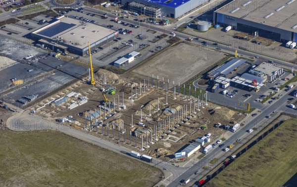Aerial view, construction site commercial area and service location Europastraße, former blast furnace location Schalker Verein, Gelsenkirchen-Bulmke-Hüllen, Gelsenkirchen, Ruhr area, North Rhine-Westphalia, Germany, construction work, construction, construction area, building site, building plots, construction project, construction site, DE, Europe, commercial enterprises, commercial area, commercial park, commercial location, commercial use, industrial area, industrial building, industrial location, logistics, logistics service, logistics service provider, logistics provider, logistics centre, aerial view, aerial photography, aerial photography, new building, overview, bird's-eye view, overview