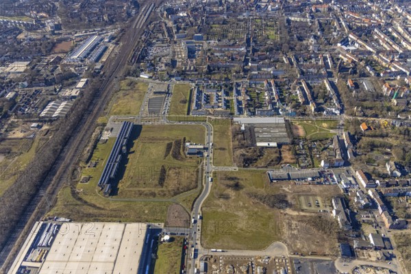 Aerial view, construction site commercial area and service location Europastraße, former blast furnace location Schalker Verein, Gelsenkirchen-Bulmke-Hüllen, Gelsenkirchen, Ruhr area, North Rhine-Westphalia, Germany, construction work, construction, construction area, building site, building plots, construction project, construction site, DE, Europe, commercial enterprises, commercial area, commercial park, commercial location, commercial use, industrial area, industrial building, industrial location, logistics, logistics service, logistics service provider, logistics provider, logistics centre, aerial view, aerial photography, aerial photography, new building, overview, bird's-eye view, overview