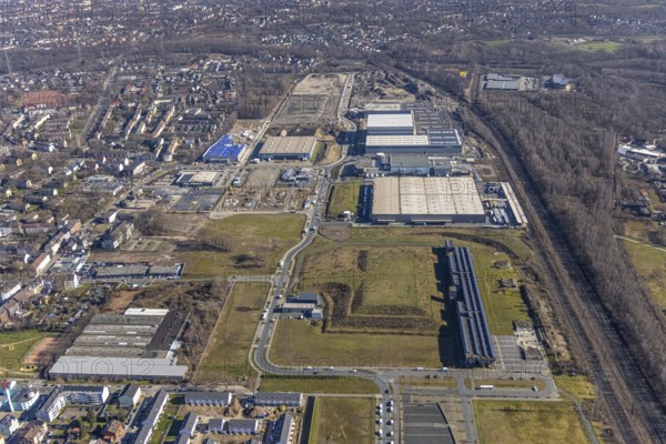 Aerial view, construction site commercial area and service location Europastrasse, bilstein-group, ProReServ - Professional Retail Service, former blast furnace location Schalker Verein, Gelsenkirchen-Bulmke-Hüllen, Gelsenkirchen, Ruhr area, North Rhine-Westphalia, Germany, construction work, construction, construction area, construction site, construction site, construction measure, construction project, construction site, DE, Europe, commercial enterprises, commercial area, commercial park, commercial location, commercial use, industrial area, industrial building, industrial location, logistics, logistics service, logistics service provider, logistics provider, logistics centre, aerial view, aerial photography, aerial photography, new building, overview, bird's-eye view, overview