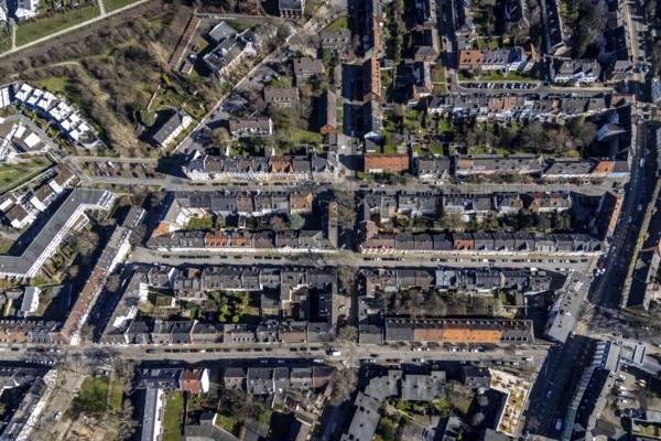 Aerial view, colliery housing estate Karolinenstraße, Feldmark, Gelsenkirchen, Ruhr area, North Rhine-Westphalia, Germany, DE, Europe, property tax, real estate, aerial view, aerial photography, aerial photography, overview, bird's-eye view, housing estate, housing and living, residential area, residential buildings, housing quality, residential neighbourhood, housing estate, birds-eyes view, overview