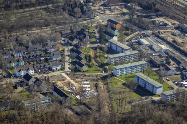 Aerial view, construction site new building Kolbstraße, Bismarck, Gelsenkirchen, Ruhr area, North Rhine-Westphalia, Germany, construction work, construction, construction area, building site, building plots, construction project, construction site, DE, Europe, property tax, real estate, aerial photography, aerial photography, new building, overview, bird's eye view, residential complex, living and living, residential area, residential buildings, residential quality, residential neighbourhood, housing estate, birds-eyes view, overview