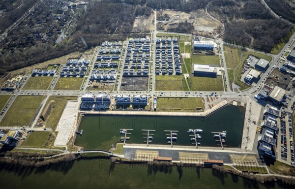 Aerial view, construction site, new construction area harbour quarter Graf Bismarck, marina Stölting Marina, Bismarck, Gelsenkirchen, Ruhr area, North Rhine-Westphalia, Germany, construction work, building, construction area, building site, building plots, construction project, construction site, DE, Europe, property tax, Real estate, Johannes-Rau-Allee, aerial view, aerial photography, aerial photography, new construction, Graf Bismarck urban quarter, overview, bird's-eye view, residential complex, living and living, residential area, residential buildings, residential quality, residential quarter, housing estate, birds-eyes view, overview
