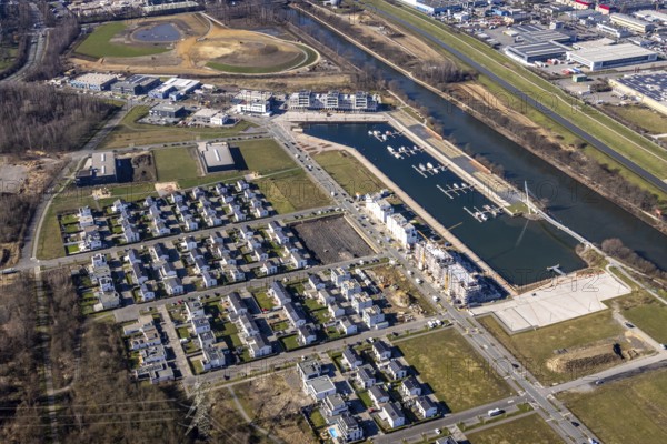 Aerial view, construction site, new construction area harbour quarter Graf Bismarck, marina Stölting Marina, Bismarck, Gelsenkirchen, Ruhr area, North Rhine-Westphalia, Germany, construction work, building, construction area, building site, building plots, construction project, construction site, DE, Europe, property tax, Real estate, Johannes-Rau-Allee, aerial view, aerial photography, aerial photography, new construction, Graf Bismarck urban quarter, overview, bird's-eye view, residential complex, living and living, residential area, residential buildings, residential quality, residential quarter, housing estate, birds-eyes view, overview