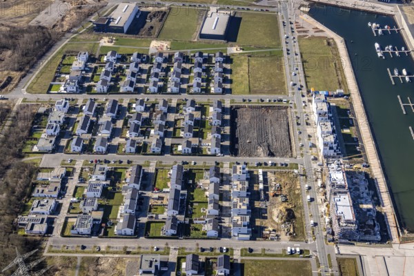 Aerial view, construction site, new construction area harbour quarter Graf Bismarck, marina Stölting Marina, Bismarck, Gelsenkirchen, Ruhr area, North Rhine-Westphalia, Germany, construction work, building, construction area, building site, building plots, construction project, construction site, DE, Europe, property tax, Real estate, Johannes-Rau-Allee, aerial view, aerial photography, aerial photography, new construction, Graf Bismarck urban quarter, overview, bird's-eye view, residential complex, living and living, residential area, residential buildings, residential quality, residential quarter, housing estate, birds-eyes view, overview