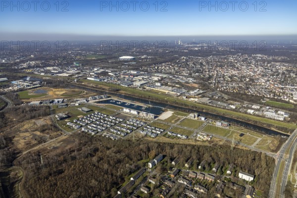 Aerial view, construction site, new construction area harbour quarter Graf Bismarck, marina Stölting Marina, Bismarck, Gelsenkirchen, Ruhr area, North Rhine-Westphalia, Germany, construction work, building, construction area, building site, building plots, construction project, construction site, DE, Europe, property tax, Real estate, Johannes-Rau-Allee, aerial view, aerial photography, aerial photography, new construction, Graf Bismarck urban quarter, overview, bird's-eye view, residential complex, living and living, residential area, residential buildings, residential quality, residential quarter, housing estate, birds-eyes view, overview
