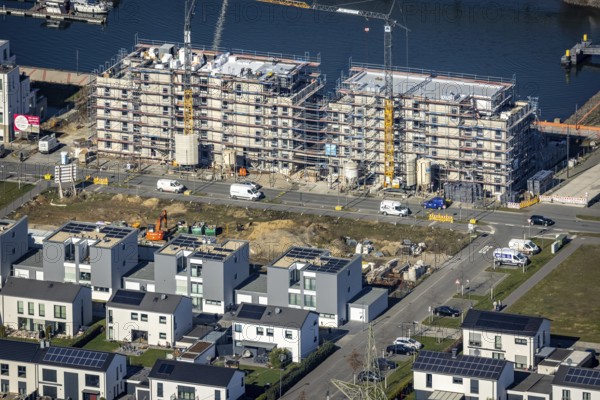 Aerial view, construction site, new construction area harbour quarter Graf Bismarck, marina Stölting Marina, Bismarck, Gelsenkirchen, Ruhr area, North Rhine-Westphalia, Germany, construction work, building, construction area, building site, building plots, construction project, construction site, DE, Europe, property tax, Real estate, Johannes-Rau-Allee, aerial view, aerial photography, aerial photography, new construction, Graf Bismarck urban quarter, overview, bird's-eye view, residential complex, living and living, residential area, residential buildings, residential quality, residential quarter, housing estate, birds-eyes view, overview