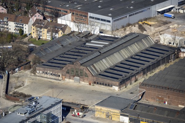 Aerial view, dilapidated old industrial area, industrial park Berliner Brücke, Hochkampstraße, Schalke-Nord, Gelsenkirchen, Ruhr area, North Rhine-Westphalia, Germany, DE, Europe, commercial enterprises, commercial area, commercial area, industrial site, industrial area, industrial building, industrial site, aerial view, aerial photography, aerial photography, overview, bird's-eye view, overview