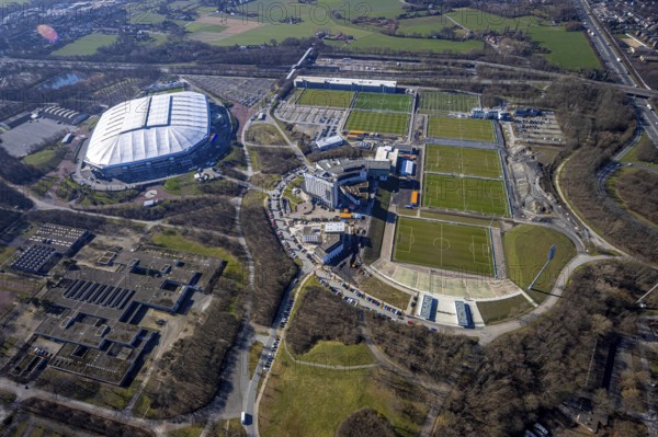 Aerial view, Schalke Veltins-Arena, Courtyard by Marriott Gelsenkirchen, hotel complex at Berger Feld, training grounds, Erle, Gelsenkirchen, Ruhr area, North Rhine-Westphalia, Germany, arena, Bundesliga stadium, DE, Europe, football pitch, football stadium, football club, gastronomy, hotel, hotel facilities, hotel business, aerial view, aerial photography, aerial photography, sports, sports facilities, sports field, sports facility, stadium, overview, bird's eye view, birds-eyes view, overview