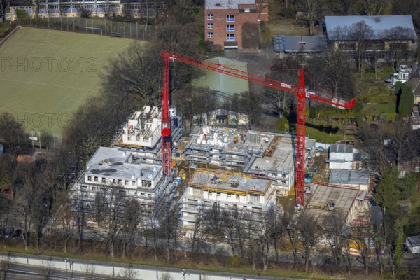 Aerial view, construction site of a new residential complex on Breddestraße, Vinckestraße, Buer, Gelsenkirchen, Ruhr area, North Rhine-Westphalia, Germany, construction work, building, construction area, building site, building plots, construction crane, construction project, construction site, DE, Europe, aerial view, aerial photography, aerial photography, new building, overview, bird's-eye view, overview