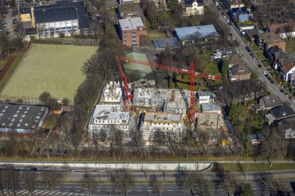 Aerial view, construction site of a new residential complex on Breddestraße, Vinckestraße, Buer, Gelsenkirchen, Ruhr area, North Rhine-Westphalia, Germany, construction work, building, construction area, building site, building plots, construction crane, construction project, construction site, DE, Europe, aerial view, aerial photography, aerial photography, new building, overview, bird's-eye view, overview