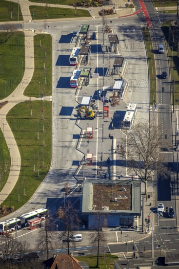 Aerial view, bus station Gelsenkirchen-Buer, Buer, Gelsenkirchen, Ruhr area, North Rhine-Westphalia, Germany, bus station, buses, DE, Europe, bus stop, aerial view, aerial photography, aerial photography, Springestraße, overview, bird's-eye view, overview