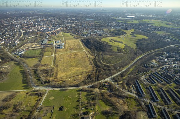 Aerial view, area of Hugo Schacht 2 colliery, Rungenberghalde, Buer, Gelsenkirchen, Ruhr area, North Rhine-Westphalia, Germany, mining heap, DE, Europe, aerial view, aerial photography, aerial photography, overview, bird's-eye view, overview