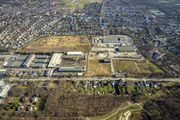 Aerial view, industrial area Bergmannsglückstraße, area of the former colliery Bergmannsglück, RHZ Handwerkszentrum Lager, Hassel, Gelsenkirchen, Ruhr area, North Rhine-Westphalia, Germany, DE, Europe, commercial enterprises, commercial area, commercial park, commercial location, commercial use, industrial area, industrial building, industrial location, aerial view, aerial photography, aerial photography, overview, bird's-eye view, overview