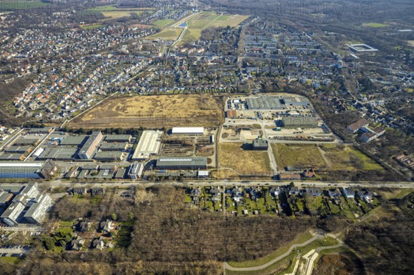 Aerial view, industrial area Bergmannsglückstraße, area of the former colliery Bergmannsglück, RHZ Handwerkszentrum Lager, Hassel, Gelsenkirchen, Ruhr area, North Rhine-Westphalia, Germany, DE, Europe, commercial enterprises, commercial area, commercial park, commercial location, commercial use, industrial area, industrial building, industrial location, aerial view, aerial photography, aerial photography, overview, bird's-eye view, overview