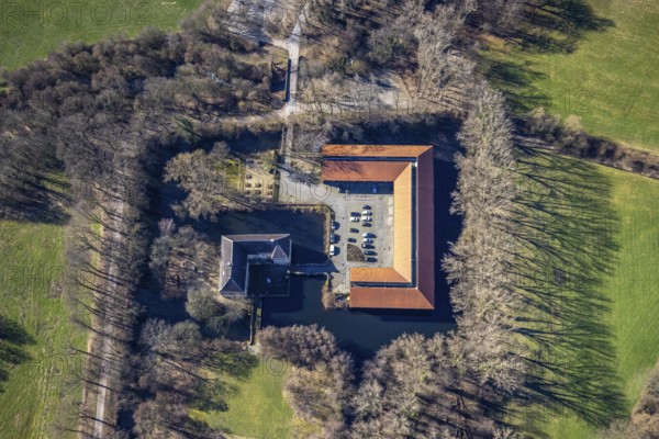 Aerial view, moated castle Haus Lüttinghof, ZfsL Building - Centre for Practical Teacher Training, Hassel, Gelsenkirchen, Ruhr area, North Rhine-Westphalia, Germany, castle, DE, Europe, moat, Haus Lüttinghof, manor house, manor building, aerial photograph, aerial photography, aerial photography, Lüttinghofallee, castle, sight, overview, bird's eye view, moat, moated castle, birds-eyes view, overview