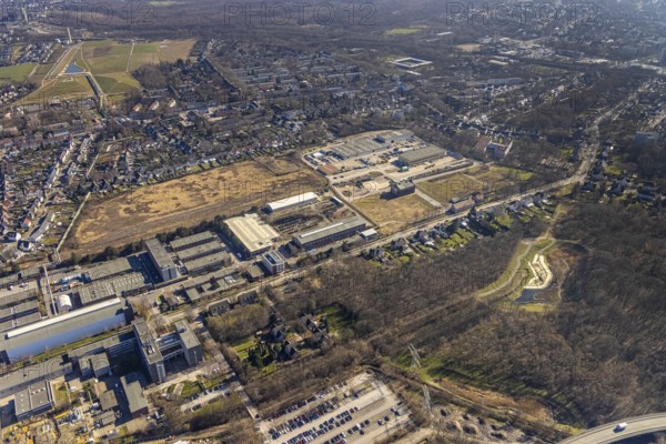 Aerial view, industrial area Bergmannsglückstraße, area of the former colliery Bergmannsglück, RHZ Handwerkszentrum Lager, Hassel, Gelsenkirchen, Ruhr area, North Rhine-Westphalia, Germany, DE, Europe, commercial enterprises, commercial area, commercial park, commercial location, commercial use, industrial area, industrial building, industrial location, aerial view, aerial photography, aerial photography, overview, bird's-eye view, overview