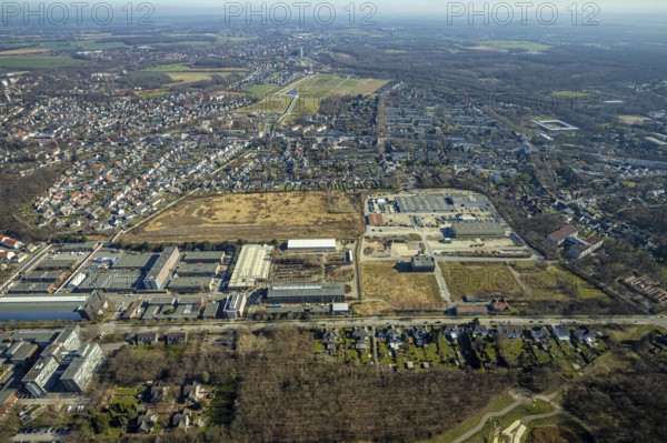Aerial view, industrial area Bergmannsglückstraße, area of the former colliery Bergmannsglück, RHZ Handwerkszentrum Lager, Hassel, Gelsenkirchen, Ruhr area, North Rhine-Westphalia, Germany, DE, Europe, commercial enterprises, commercial area, commercial park, commercial location, commercial use, industrial area, industrial building, industrial location, aerial view, aerial photography, aerial photography, overview, bird's-eye view, overview