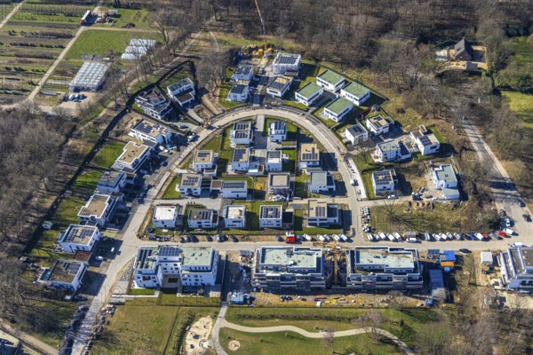 Aerial view, construction site, new development area Am Buerschen Waldbogen, Resse, Gelsenkirchen, Ruhr area, North Rhine-Westphalia, Germany, construction work, construction, construction area, building site, building plots, construction measure, construction project, construction site, DE, Europe, property tax, real estate, aerial view, aerial photography, aerial photography, new construction, overview, bird's eye view, residential complex, living and living, residential area, residential buildings, residential quality, residential neighbourhood, housing estate, Zur Marienkapelle, birds-eyes view, overview