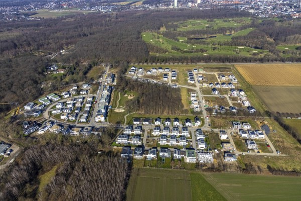 Aerial view, construction site, new development area Am Buerschen Waldbogen, Resse, Gelsenkirchen, Ruhr area, North Rhine-Westphalia, Germany, construction work, construction, construction area, building site, building plots, construction measure, construction project, construction site, DE, Europe, property tax, real estate, aerial view, aerial photography, aerial photography, new construction, overview, bird's eye view, residential complex, living and living, residential area, residential buildings, residential quality, residential neighbourhood, housing estate, Zur Marienkapelle, birds-eyes view, overview
