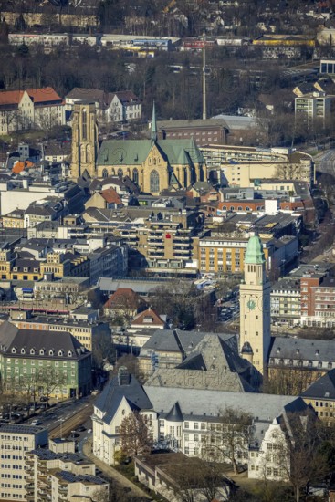 Aerial view, Town Hall Buer with tower, Catholic Provost Church St. Urbanus, Buer, Gelsenkirchen, Ruhr area, North Rhine-Westphalia, Germany, place of worship, authority, DE, Europe, religious community, place of worship, holy place, church, parish, denomination, aerial view, aerial photography, aerial photography, town hall, religion, religious site, St. Urbanus Church Square, overview, bird's eye view, birds-eyes view, overview