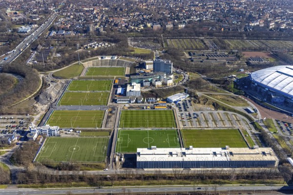 Aerial view, Courtyard by Marriott Gelsenkirchen, training grounds at the Schalke Veltins-Arena, Berger Feld, Erle, Gelsenkirchen, Ruhr area, North Rhine-Westphalia, Germany, Arena, DE, Europe, football pitch, football stadium, football club, gastronomy, hotel, hotel facilities, hotel business, aerial view, aerial photography, aerial photography, sports, sports facilities, sports field, sports facility, stadium, overview, bird's-eye view, overview