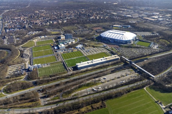 Aerial view, Schalke Veltins-Arena, Courtyard by Marriott Gelsenkirchen, hotel complex at Berger Feld, training grounds, Erle, Gelsenkirchen, Ruhr area, North Rhine-Westphalia, Germany, arena, Bundesliga stadium, DE, Europe, football pitch, football stadium, football club, gastronomy, hotel, hotel facilities, hotel business, aerial view, aerial photography, aerial photography, sports, sports facilities, sports field, sports facility, stadium, overview, bird's eye view, birds-eyes view, overview