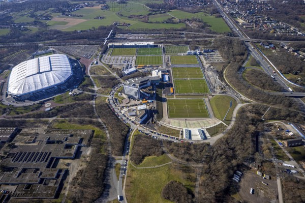 Aerial view, Schalke Veltins-Arena, Courtyard by Marriott Gelsenkirchen, hotel complex at Berger Feld, training grounds, Erle, Gelsenkirchen, Ruhr area, North Rhine-Westphalia, Germany, arena, Bundesliga stadium, DE, Europe, football pitch, football stadium, football club, gastronomy, hotel, hotel facilities, hotel business, aerial view, aerial photography, aerial photography, sports, sports facilities, sports field, sports facility, stadium, overview, bird's eye view, birds-eyes view, overview