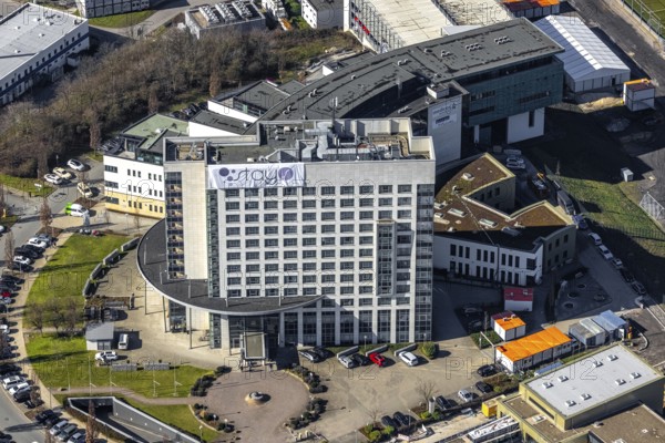 Aerial view, Courtyard by Marriott Gelsenkirchen, hotel complex at the Schalke Veltins-Arena, Berger Feld, Erle, Gelsenkirchen, Ruhr area, North Rhine-Westphalia, Germany, DE, Europe, gastronomy, hotel, hotel facilities, hotel business, aerial photography, aerial photography, overview, bird's-eye view, overview